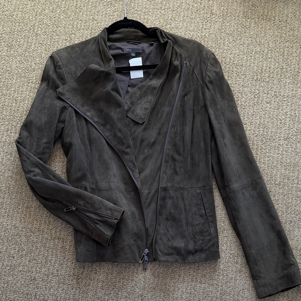 Vince Olive Suede Asymmetrical Moto Jacket